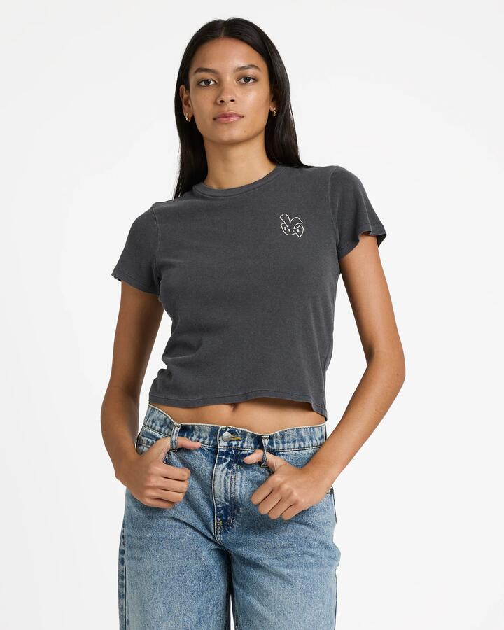 Image of T-Shirts. Productname: RVCA Womens 411 Baby T-Shirt Graphite - in Graphite colour by brand - RVCA