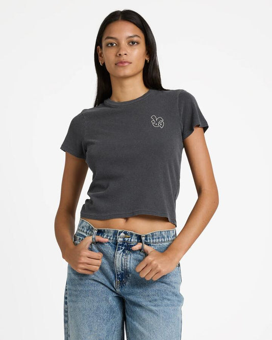 Image of T-Shirts. Productname: RVCA Womens 411 Baby T-Shirt Graphite - in Graphite colour by brand - RVCA