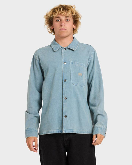 Image of a model wearing Tops. Productname: RVCA Mens Seer Overshirt Long Sleeve Shirt Blue Collar - in Blue Collar colour by brand - RVCA