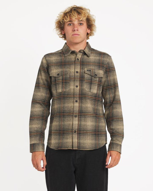 Image of a model wearing Tops. Productname: RVCA Mens Huges Flannel Long Sleeve Shirt Pirate Black - in Pirate Black colour by brand - RVCA