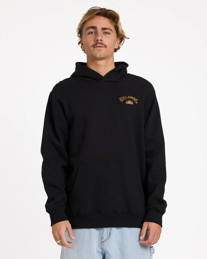 Image of a model wearing Outerwear. Product name - Billabong Mens Otis Arch Pullover Hoodie Black in Black colour by brand - Billabong