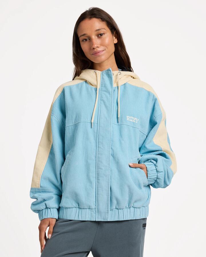 Image of a model wearing Outerwear. Productname: Roxy Womens Duo Cord Zip Up Hoodie Jacket Airy Blue - in Airy Blue colour by brand - Roxy
