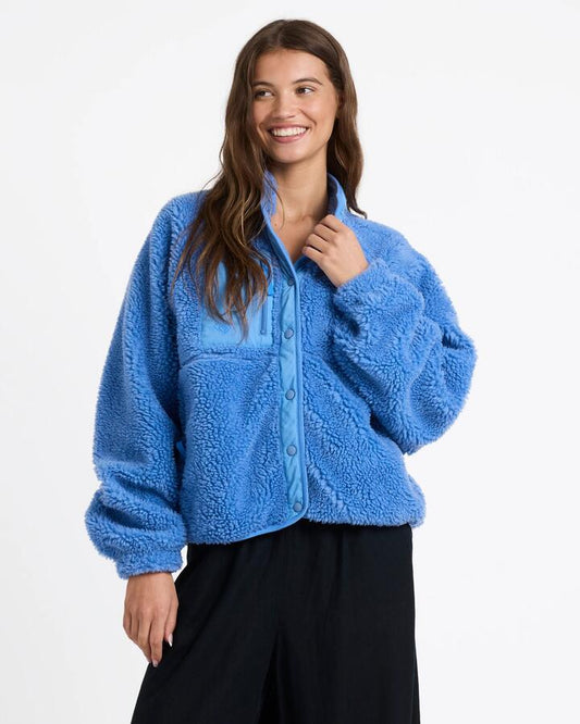 Image of a model wearing Outerwear. Productname: Roxy Womens Free Spirit Fleece Jacket Ashley Blue - in Ashley Blue colour by brand - Roxy