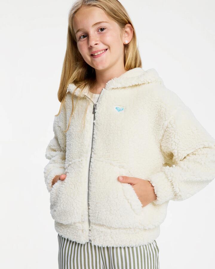 Image of a model wearing Outerwear. Product name - Roxy Girls 4-16 Back To Full Fleece Jacket Coconut Milk in Coconut Milk colour by brand - Roxy