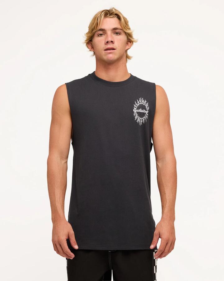 Image of a model wearing Tops. Productname: Quiksilver Mens Interconnect Muscle Tarmac - in Tarmac colour by brand - Quiksilver