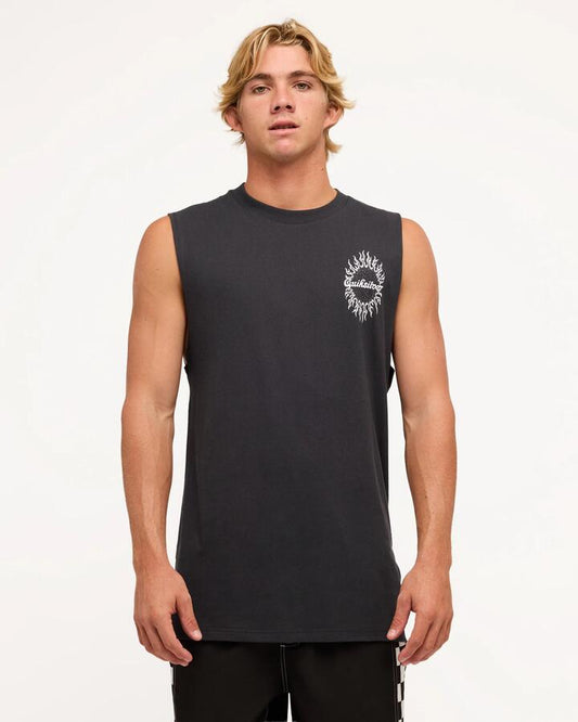 Image of a model wearing Tops. Productname: Quiksilver Mens Interconnect Muscle Tarmac - in Tarmac colour by brand - Quiksilver