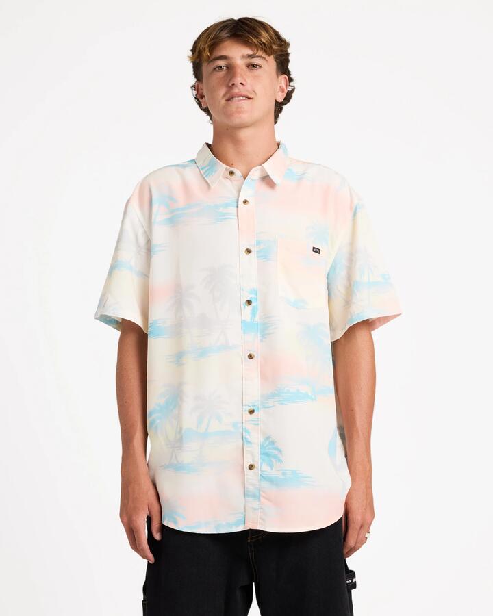 Image of a model wearing Tops. Productname: Billabong Mens Sundays Lounge Short Sleeve Shirt Off White - in Off White colour by brand - Billabong