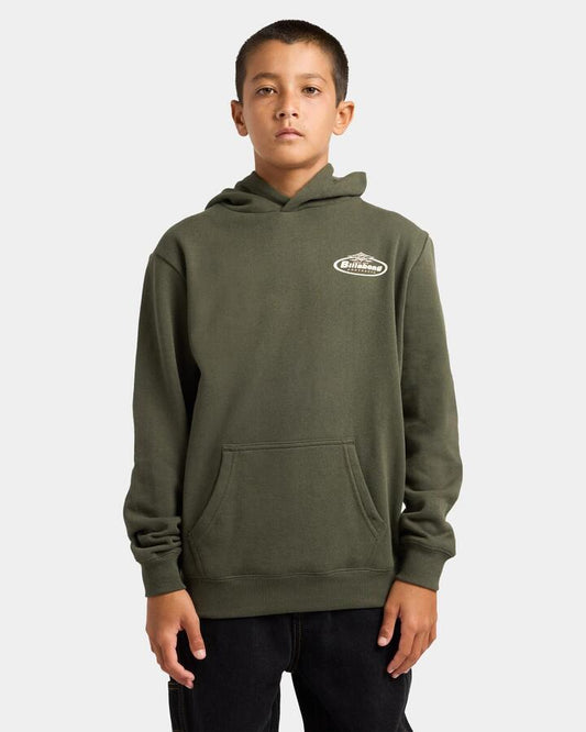 Image of a model wearing Outerwear. Product name - Billabong Boys 8-16 Diamond Pullover Hoodie Dark Military in Dark Military colour by brand - Billabong