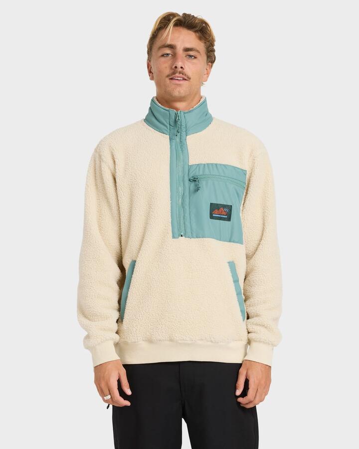 Image of a model wearing Outerwear. Productname: Billabong Mens Boundary Peak Mock Neck Fleece Top Oatmeal - in Oatmeal colour by brand - Billabong