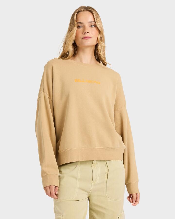 Image of a model wearing Outerwear. Productname: Billabong Womens Echo Crew Neck Fleece Top Stone - in Stone colour by brand - Billabong
