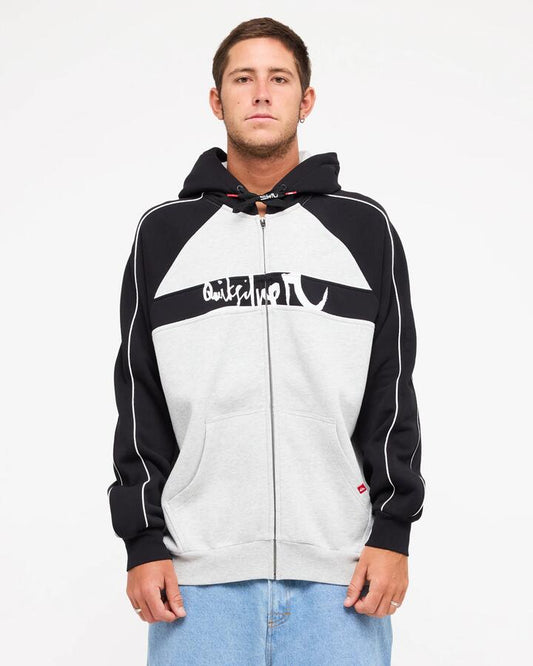 Image of a model wearing Outerwear. Product name - Quiksilver Mens Yg Operator Zip Up Hoodie Light Grey Heather in Light Grey Heather colour by brand - Quiksilver