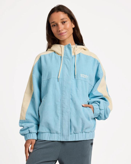 Image of a model wearing Outerwear. Product name - Roxy Womens Duo Cord Zip Up Hoodie Jacket Airy Blue in Airy Blue colour by brand - Roxy
