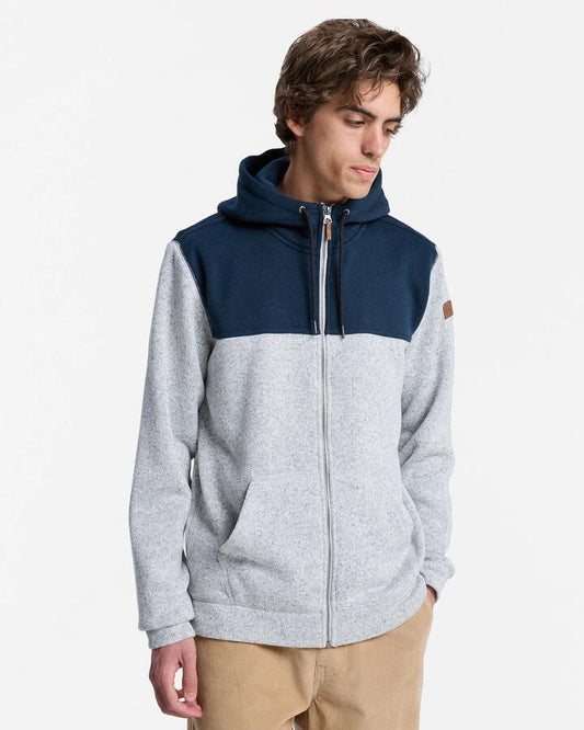 Image of a model wearing Outerwear. Product name - Quiksilver Mens Keller Block Zip Up Hoodie Dark Navy in Dark Navy colour by brand - Quiksilver