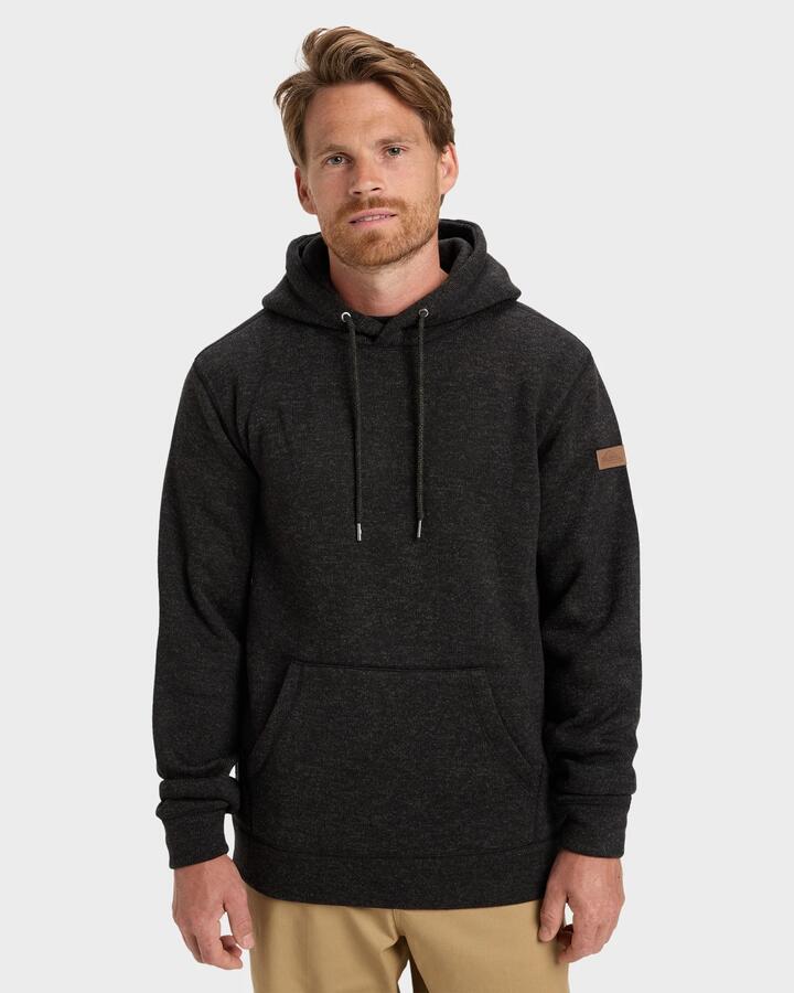 Image of a model wearing Outerwear. Product name - Quiksilver Mens Keller Pullover Hoodie Black Heather in Black Heather colour by brand - Quiksilver