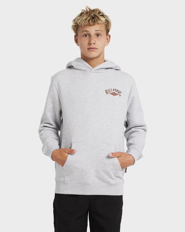 Image of a model wearing Outerwear. Product name - Billabong Boys 8-16 Otis Arch Pullover Hoodie Light Grey Heather in Light Grey Heather colour by brand - Billabong