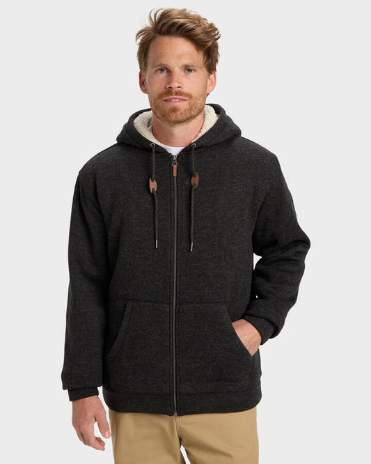 Image of a model wearing Outerwear. Product name - Quiksilver Mens Keller Sherpa Zip Up Hoodie Black Heather in Black Heather colour by brand - Quiksilver