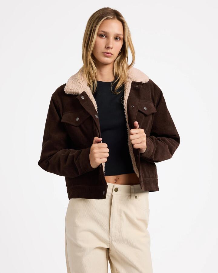 Image of Coats & Jackets. Product name - RVCA Womens Roy Cord Sherpa Jacket Nutmeg in Nutmeg colour by brand - RVCA