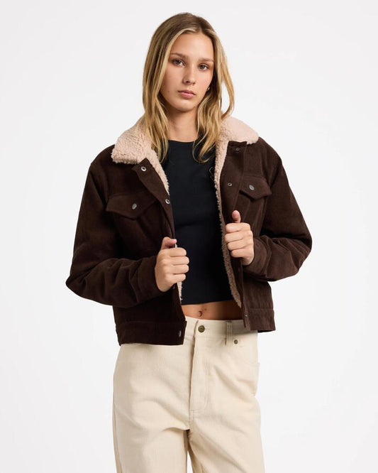 Image of Coats & Jackets. Product name - RVCA Womens Roy Cord Sherpa Jacket Nutmeg in Nutmeg colour by brand - RVCA
