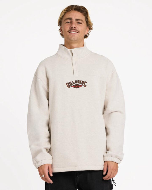 Image of a model wearing Outerwear. Product name - Billabong Mens Otis King Prawn Quarter Zip Fleece Pullover Light Grey Heather in Light Grey Heather colour by brand - Billabong