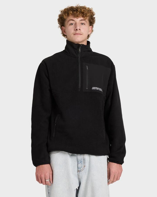 Image of a model wearing Outerwear. Product name - RVCA Mens Go Mock Neck Fleece Jumper Rvca Black in Rvca Black colour by brand - RVCA