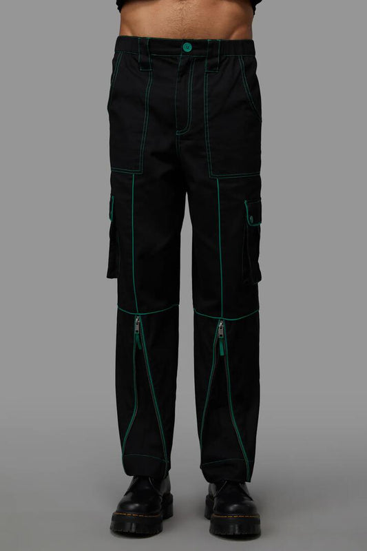 Image of a model wearing Pants. Productname: Venom Cargo Pant in Black/Green colour by brand - Black Friday