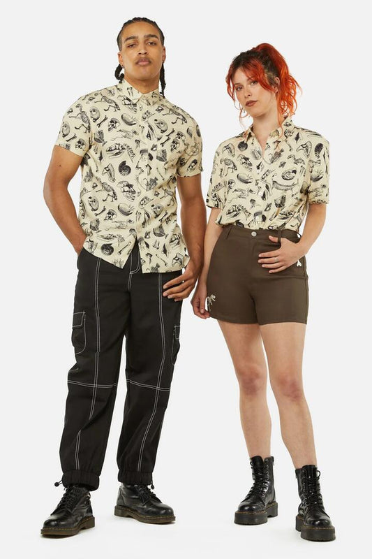 Image of a model wearing Tops. Productname: Body Fossils Printed Short Sleeve Shirt in Cream colour by brand - Dangerfield