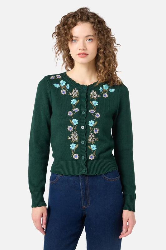 Image of a model wearing Outerwear. Productname: Gloria Embroidered Cardigan in Teal colour by brand - Princess Highway