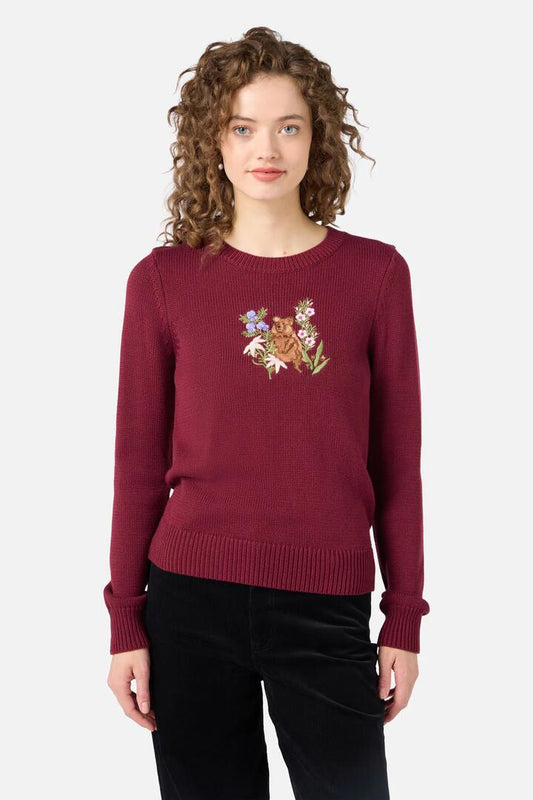 Image of a model wearing Outerwear. Productname: Quokka Embroidered Jumper in Rose colour by brand - Princess Highway