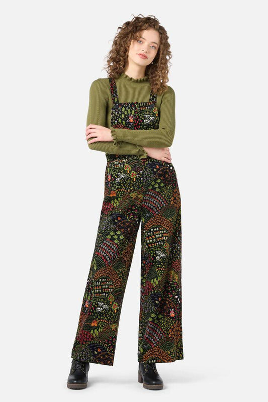 Image of a model wearing Pants. Productname: Rolling Hills Cord Overall in Black colour by brand - Princess Highway