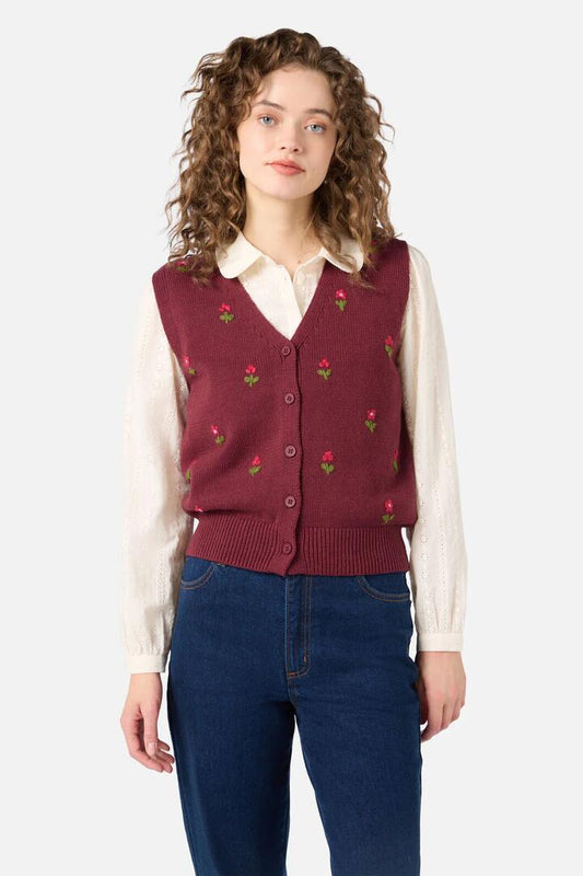 Image of Coats & Jackets. Productname: Ditsy Embroidered Knit Vest in Plum colour by brand - Princess Highway