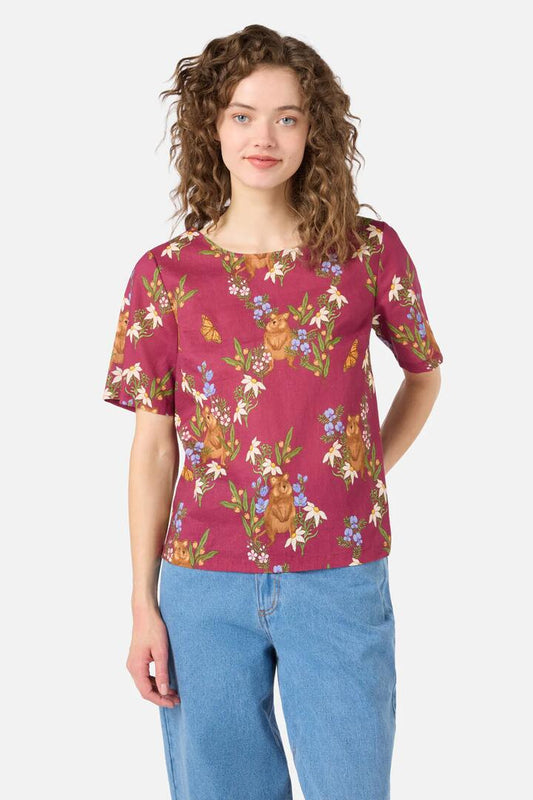 Image of a model wearing Tops. Productname: Quokka & Flora Top in Rose colour by brand - Princess Highway