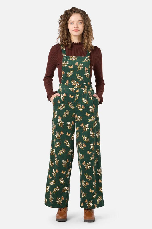 Image of a model wearing Pants. Productname: Wattle & Butterfly Overall in Green colour by brand - Princess Highway