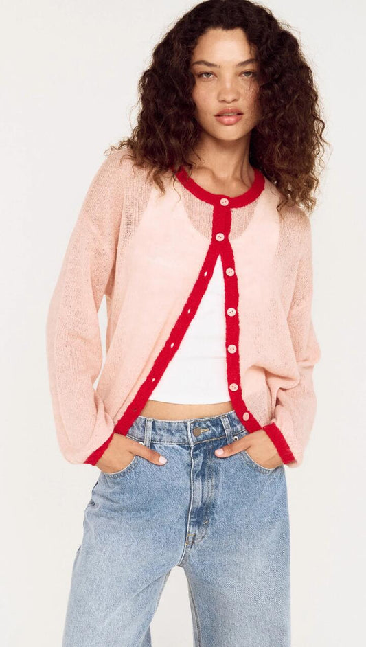 Image of a model wearing Outerwear. Product name - Sheer Contrast Trim Pink Cardigan in Pink/Red colour by brand - MINKPINK