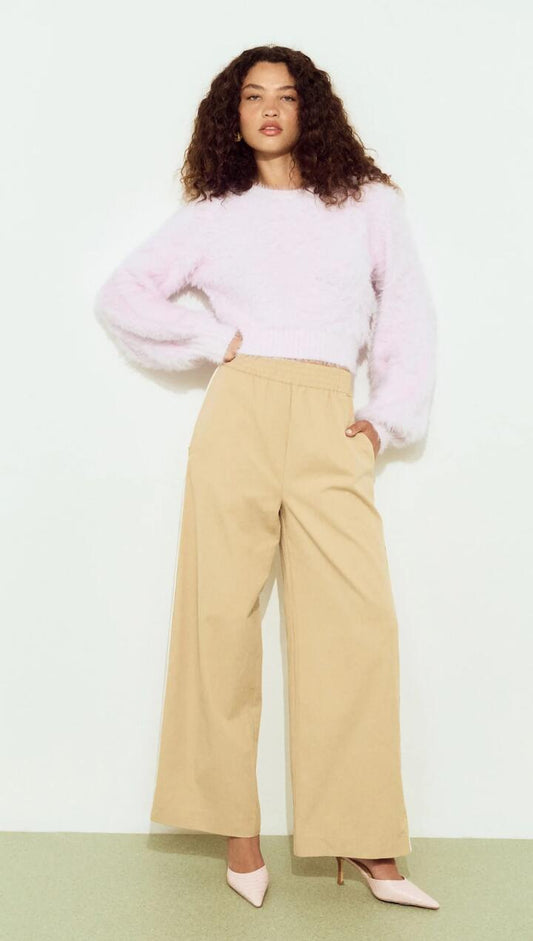 Image of a model wearing Pants. Product name - Beige Wide Leg Side Stripe Pant in Stone colour by brand - MINKPINK