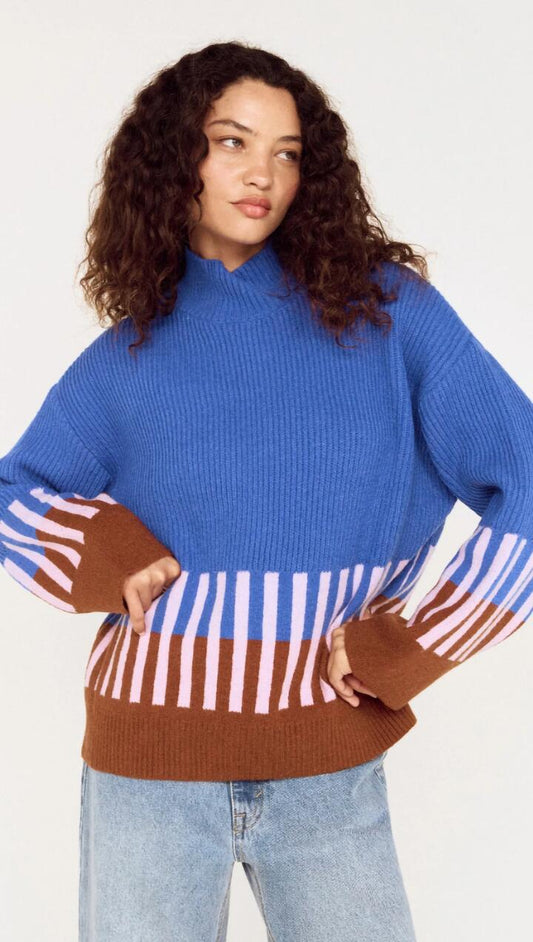 Image of a model wearing Outerwear. Product name - Cobalt Blue Intarsia Detail Jumper in Cobalt Multi colour by brand - MINKPINK