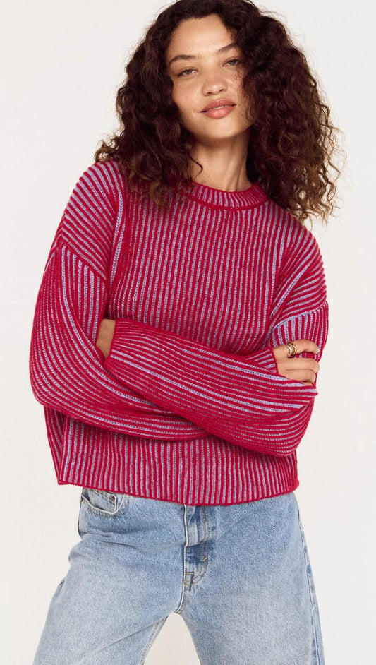 Image of a model wearing Outerwear. Product name - Blue and Berry Contrast Rib Knit Jumper in Blue/Berry colour by brand - MINKPINK