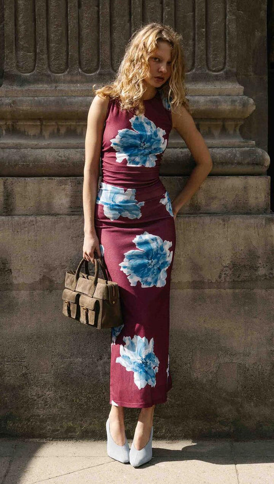 Image of Dresses. Product name - Blue Floral Print Sleeveless Mesh Midi Dress in Wine/Blue Floral colour by brand - MINKPINK