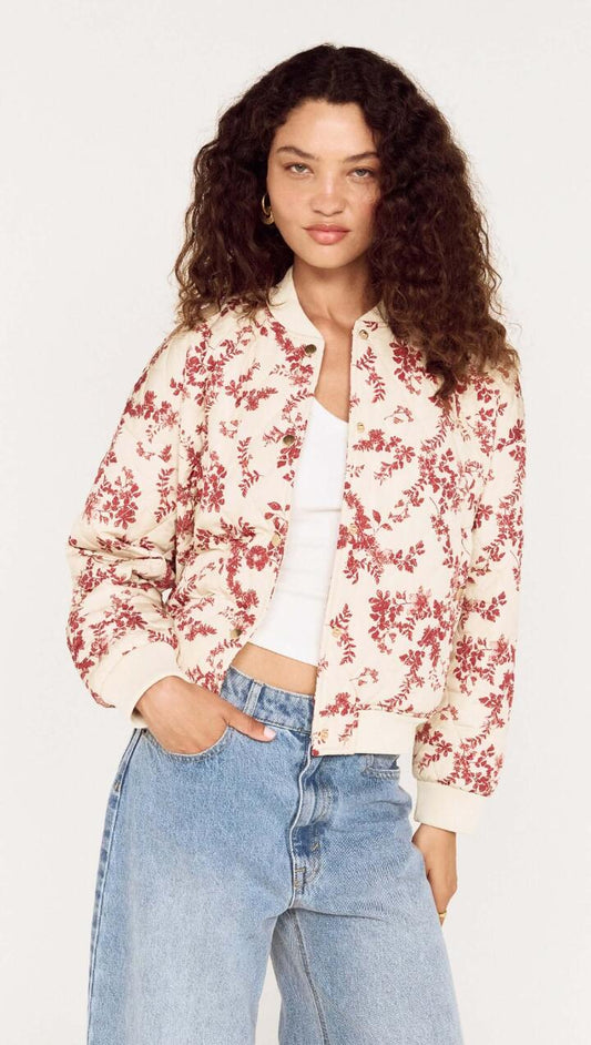 Image of Coats & Jackets. Product name - Autumn Floral Quilted Puffer Jacket in Wine/Cream Floral colour by brand - MINKPINK
