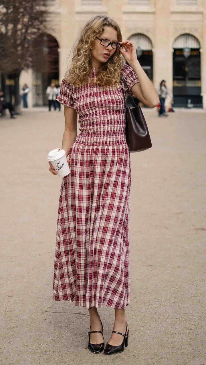Image of Dresses. Product name - Short Sleeve Shirred Check Midi Dress in Wine Check colour by brand - MINKPINK
