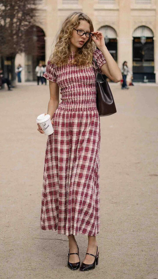 Image of Dresses. Product name - Short Sleeve Shirred Check Midi Dress in Wine Check colour by brand - MINKPINK