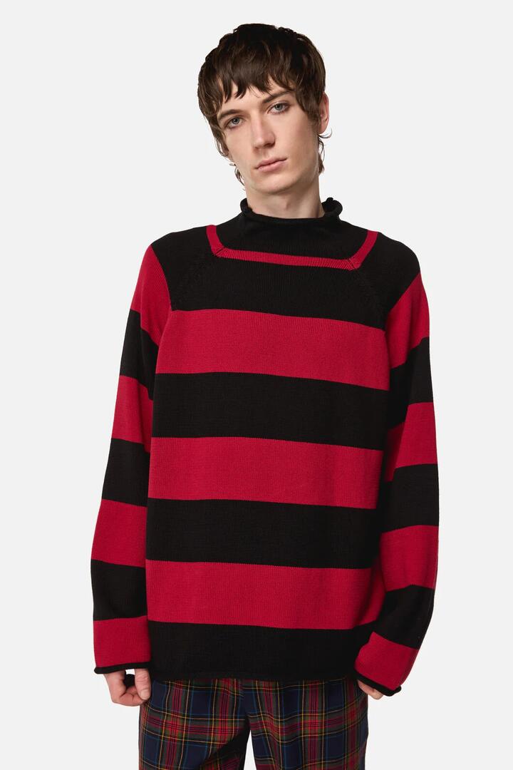 Image of a model wearing Tops. Productname: Jackalope Stripe Knit in Black Red colour by brand - Dangerfield
