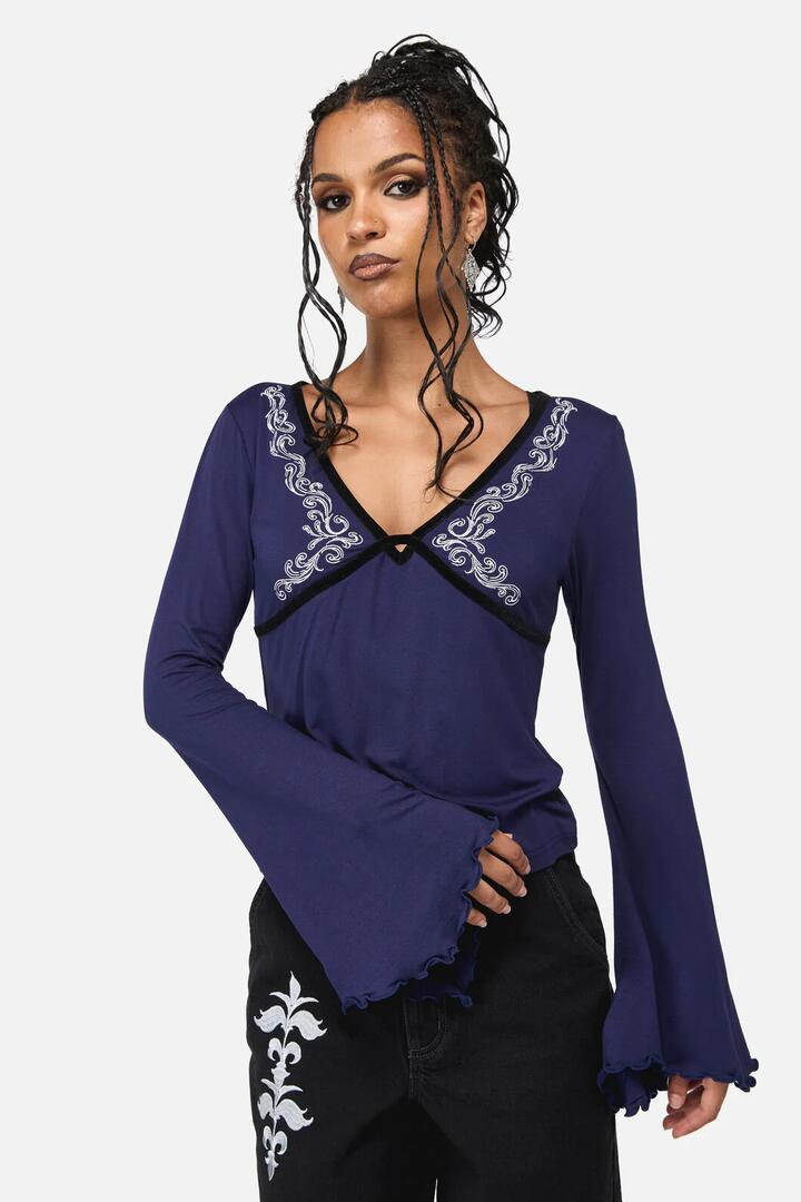 Image of a model wearing Tops. Productname: Your Grace Top in Navy colour by brand - Black Friday
