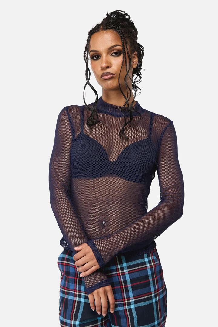 Image of a model wearing Tops. Productname: Midnight Goth Mesh Top in Navy colour by brand - Black Friday