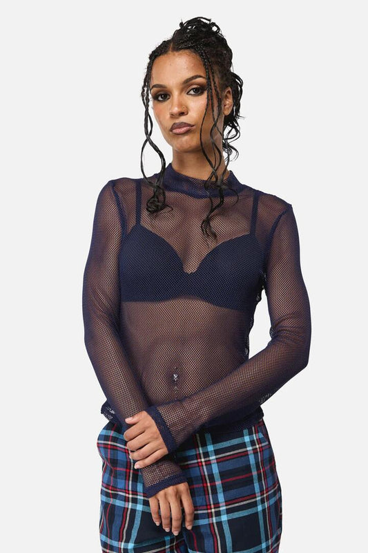 Image of a model wearing Tops. Productname: Midnight Goth Mesh Top in Navy colour by brand - Black Friday