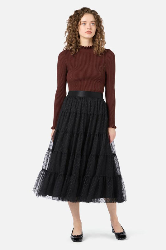 Image of a model wearing Skirts. Productname: Francesca Tulle Midi Skirt in Chocolate colour by brand - Princess Highway