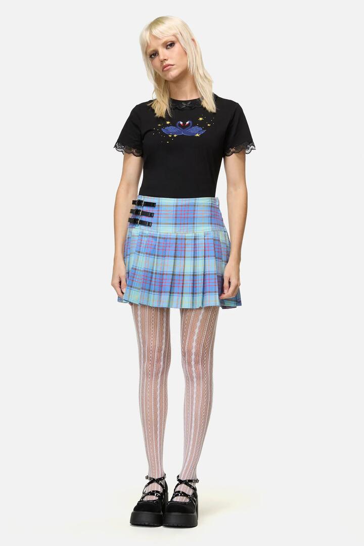 Image of a model wearing Skirts. Productname: Genesis Tartan Mini Skirt in Blue colour by brand - Dangerfield
