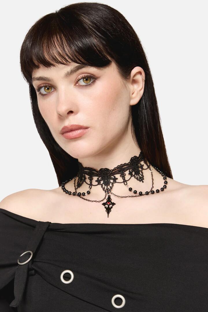 Image of Jewelry. Productname: Gothic Bead & Lace Choker in Black colour by brand - Dangerfield