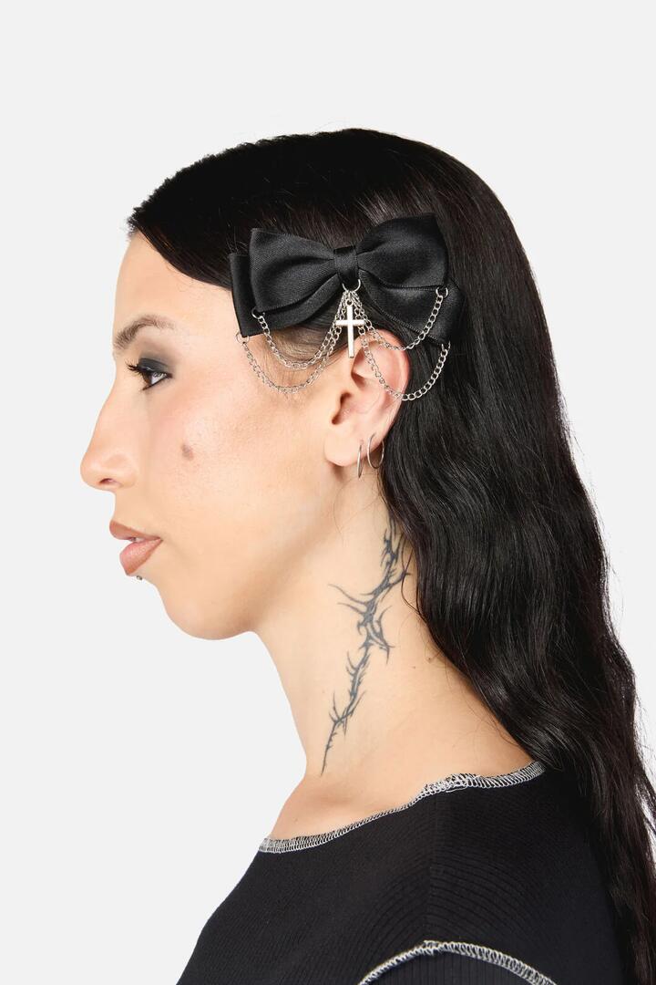 Image of Jewelry. Productname: Cross & Chain Bow Hair Clip in Black colour by brand - Dangerfield