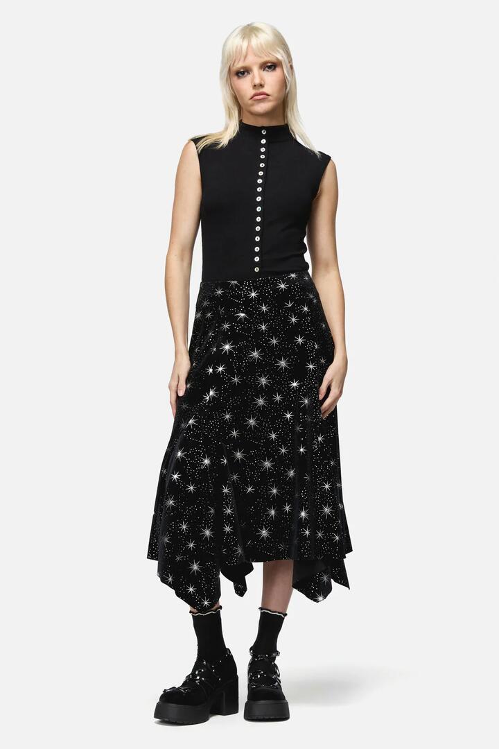 Image of a model wearing Skirts. Productname: Odette Velour Hanky Skirt in Black colour by brand - Dangerfield