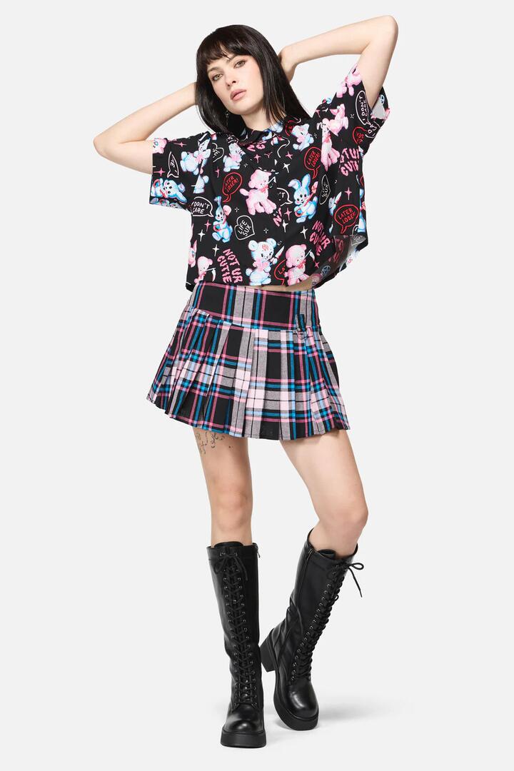 Image of a model wearing Skirts. Productname: Hater Goth Skort in Pink colour by brand - Dangerfield